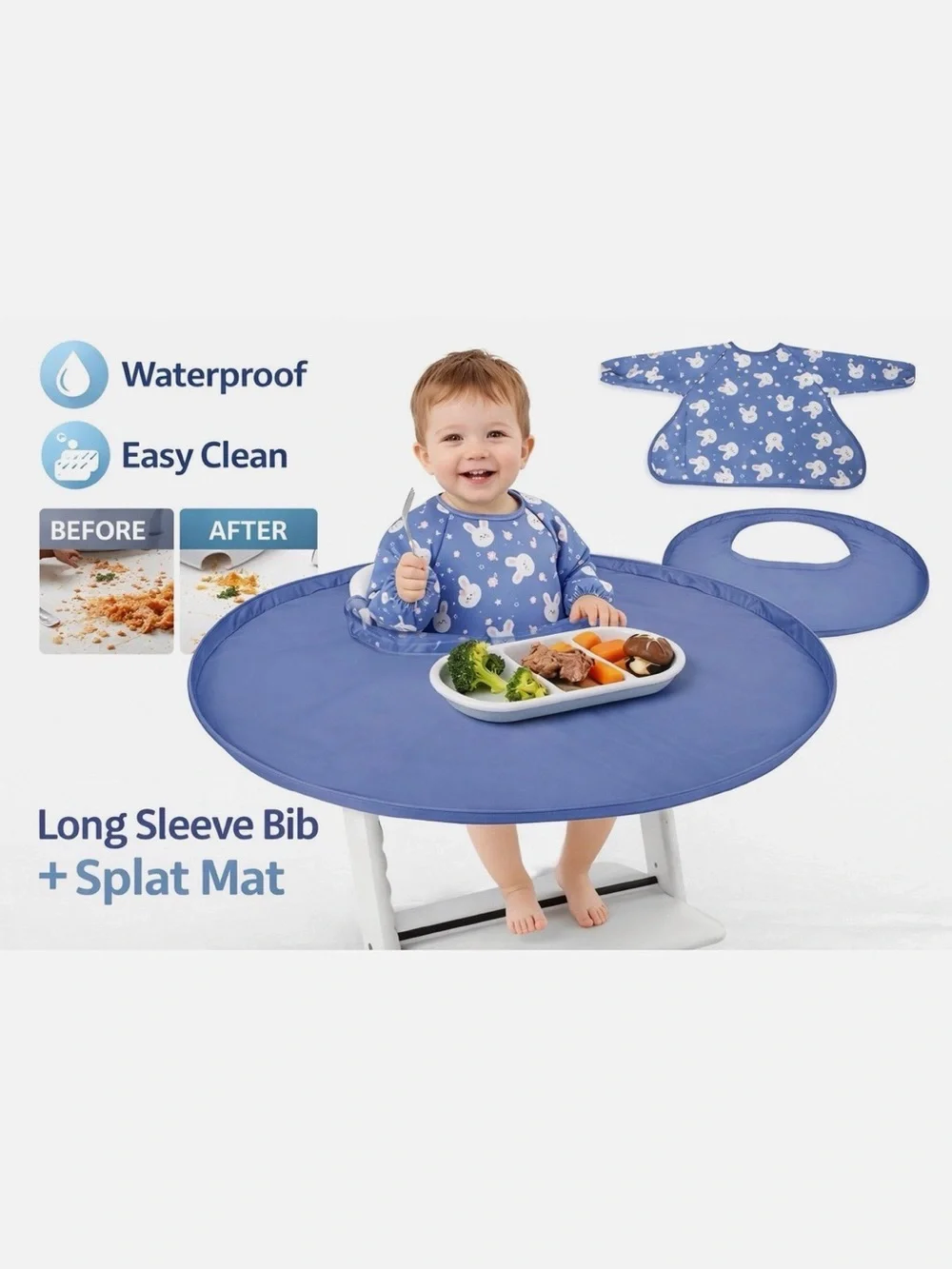 Waterproof Blue Baby Bib Smock with Sleeves - Free Size (6 Months - 3 Years)